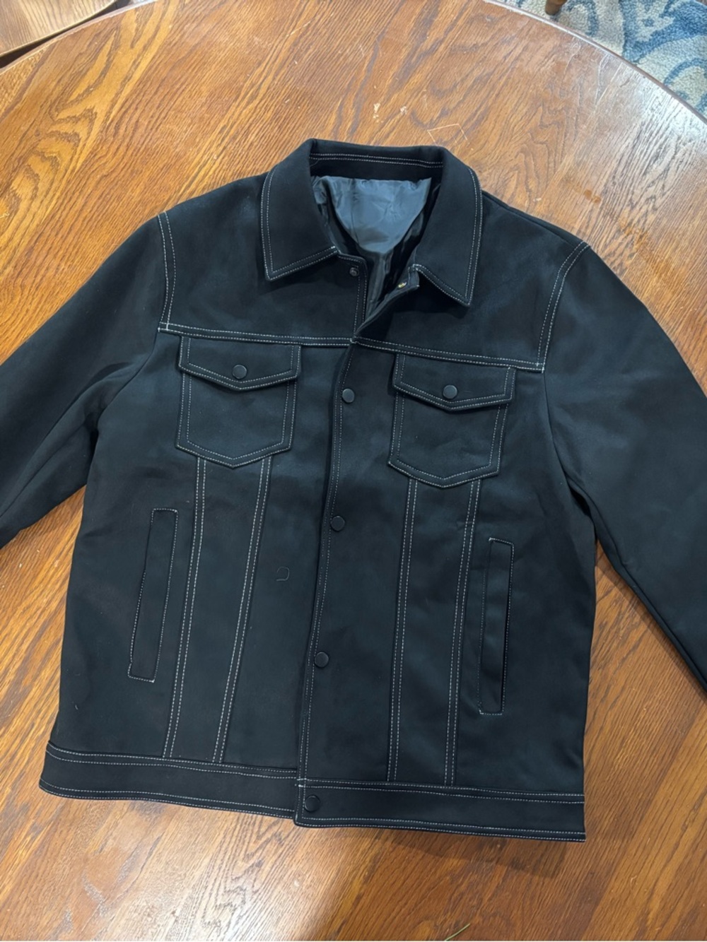 Men's Black Feaux Suede Contrast-Stitch Jacket